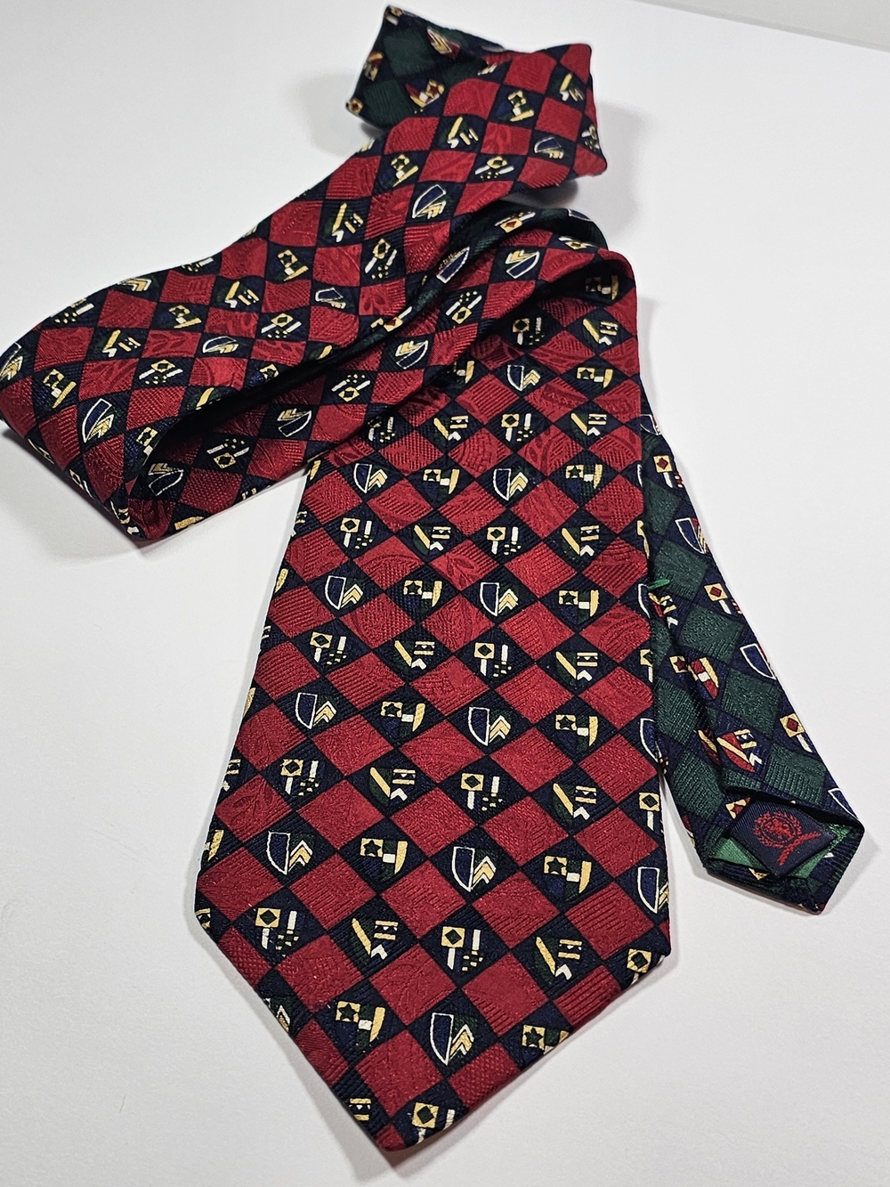 Vintage 90s Tommy Hilfiger Silk Tie Diamond Chess Block Crest Motif Preppy